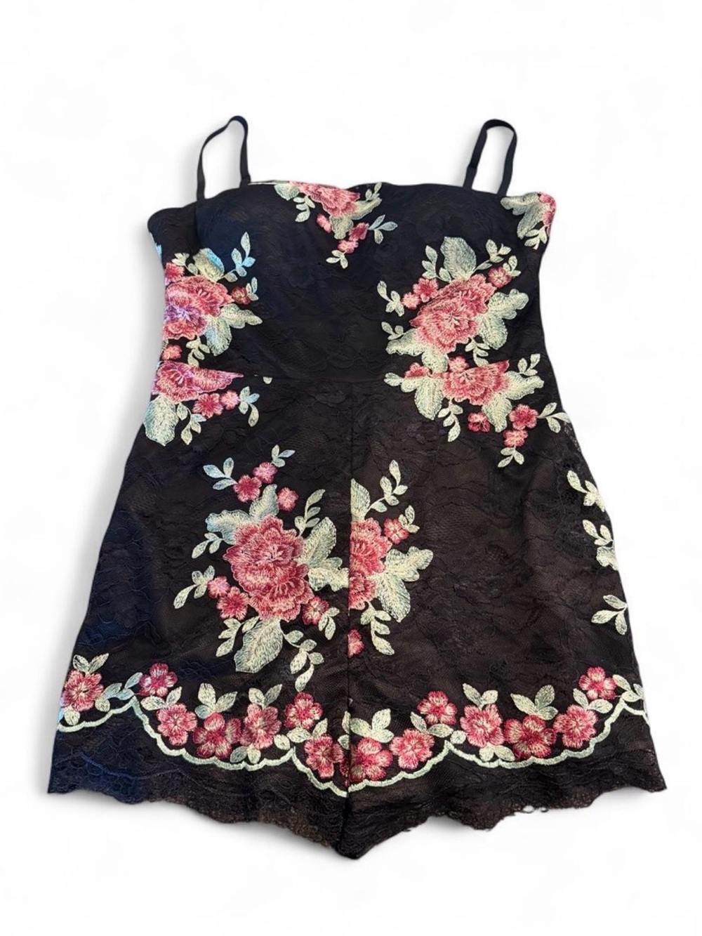 bebe Black Lace Romper with Pink and Cream Floral Embroidery